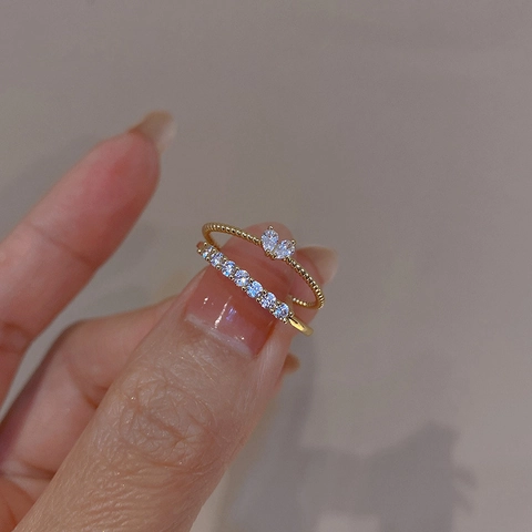Anillo Zircón Corazón Y Anillo Diamante En Fila Para Mujeres Cobre Chapado Oro Anillos Abiertos Ajustables Joyería Estilo Coreano