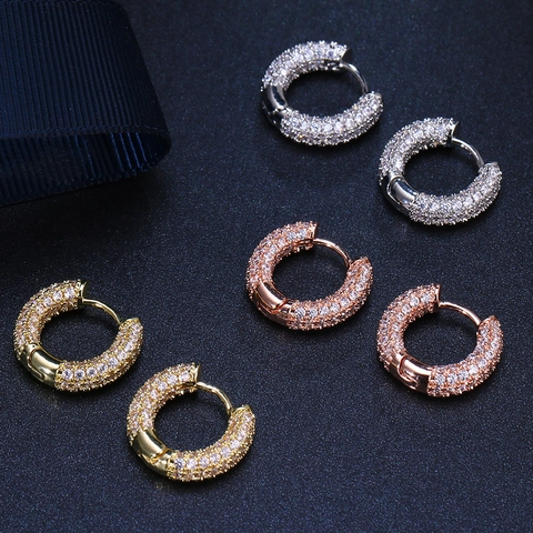 Hip Hop Hoop Earrings For Men Pavé Zirconia Copper Round Stud Earrings With Silver Earring Post Street Fashion Jewelry