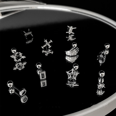 Punk Gothic Copper Black Zirconia Spider Stud Earrings For Women Dark Style Cross Spider Web Barbed Wire Cartilage Earrings