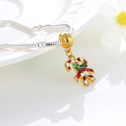 Festive Christmas Bow Candy Cane Gold Alloy Enamel Pendant Only (Without Chain) For DIY Bracelet Necklace Jewelry Making
