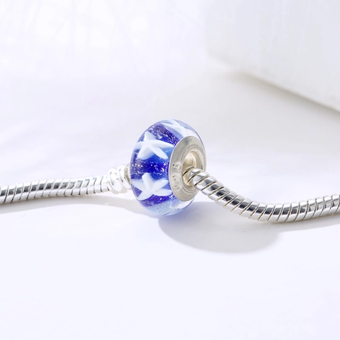 Starry Sky Blue Five-Pointed Star Lampwork Glass Bead S925 Sterling Silver Core Charm For DIY Bracelet Making Women Jewelry