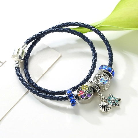 Ocean Theme Blue Braided Leather Double Wrap Charm Bracelet With Starfish Shell Pendant Alloy Enamel Beads Women Jewelry