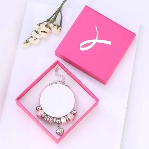Pink Ribbon Heart Charm Beaded Bracelet Set For Women Zinc Alloy Rhinestone Glass Bead Braided Rope Bracelet Jewelry With Gift Box