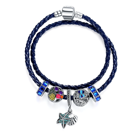 Ocean Theme Blue Braided Leather Double Wrap Charm Bracelet With Starfish Shell Pendant Alloy Enamel Beads Women Jewelry