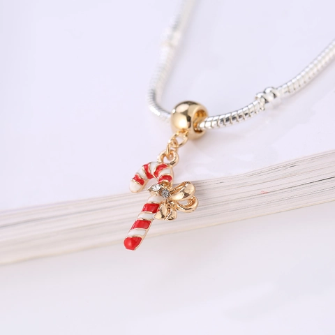 Christmas Candy Cane Pendant Charm Alloy Bow Rhinestone Drip Oil Pendant For DIY Necklace Bracelet Red White Festive Jewelry Gift