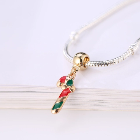Christmas Candy Cane Pendant Charm Alloy Enamel Red Green Gold Bow DIY Jewelry Making Accessories Bracelet Necklace Holiday Decor
