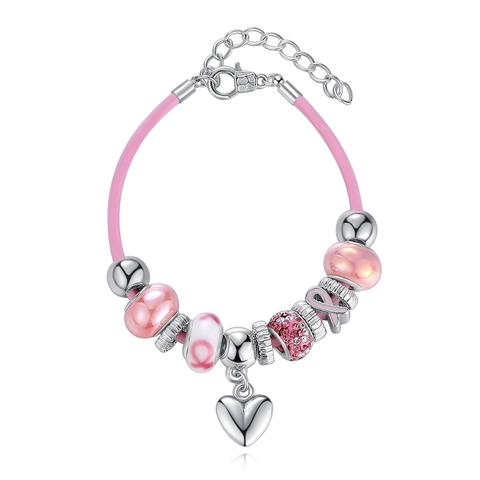Pink Ribbon Heart Charm Beaded Bracelet Set For Women Zinc Alloy Rhinestone Glass Bead Braided Rope Bracelet Jewelry With Gift Box