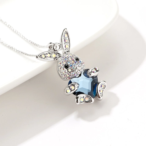 Cute Easter Bunny Pendant Necklace Blue Heart Austrian Crystal Silver Plated Rhinestone Clavicle Chain Jewelry Gift For Women