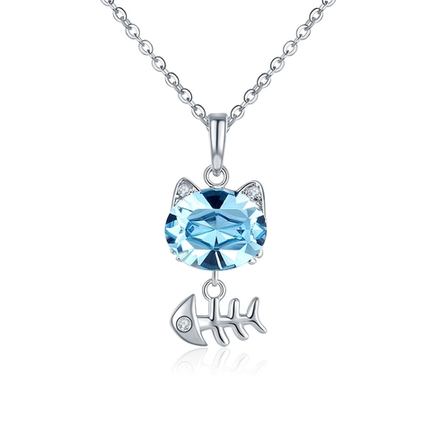 Lindo Collar con Colgante de Gato de Cobre y Cristal Artificial Azul Con Amuletos de Espina de Pescado Joyería de Animales Dulces Regalo para Mujer