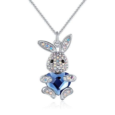 Cute Easter Bunny Pendant Necklace Blue Heart Austrian Crystal Silver Plated Rhinestone Clavicle Chain Jewelry Gift For Women