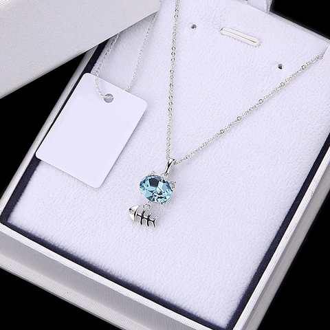 Lindo Collar con Colgante de Gato de Cobre y Cristal Artificial Azul Con Amuletos de Espina de Pescado Joyería de Animales Dulces Regalo para Mujer