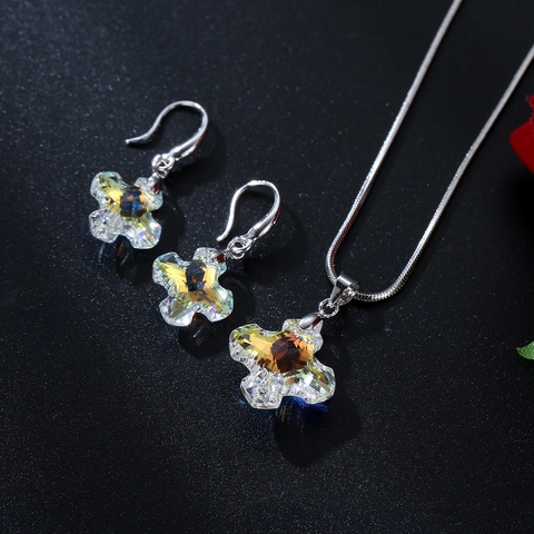 Austrian Crystal Cross Necklace Earrings Set With 925 Sterling Silver Earring Post Aurora AB Jewelry Set For Women Gift