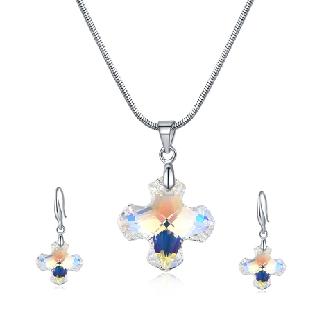 Austrian Crystal Cross Necklace Earrings Set With 925 Sterling Silver Earring Post Aurora AB Jewelry Set For Women Gift