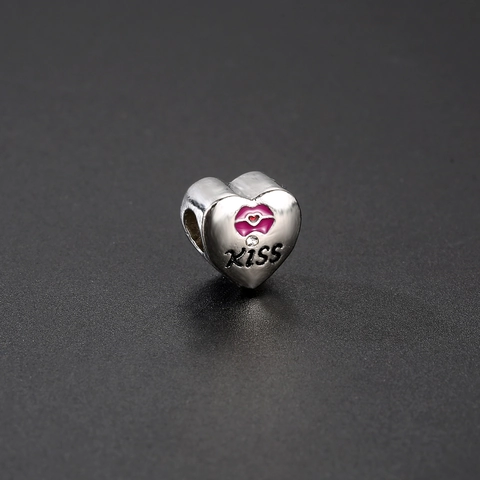 Heart KISS Lip Enamel DIY Charm Bead Alloy Silver Plated Cubic Zirconia Spacer Charm For Bracelet Jewelry Making Women Gift