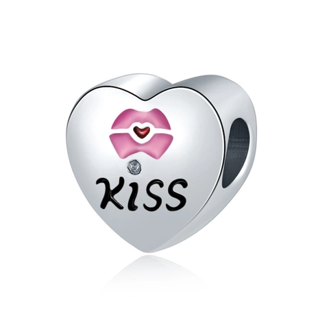 Heart KISS Lip Enamel DIY Charm Bead Alloy Silver Plated Cubic Zirconia Spacer Charm For Bracelet Jewelry Making Women Gift