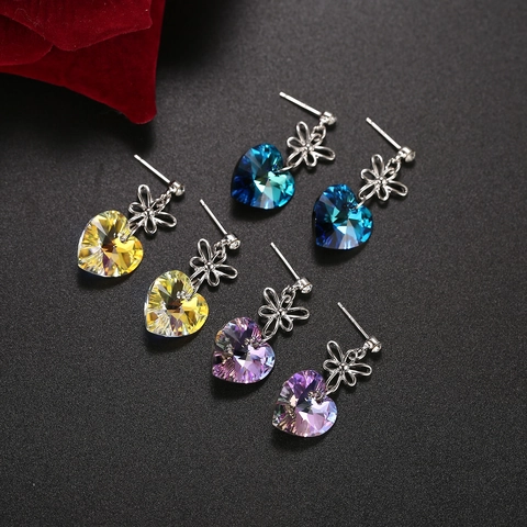 Vintage Heart Austrian Crystal Dangle Earrings With 925 Sterling Silver Earring Post Sweet Hollow Flower Drop Earrings