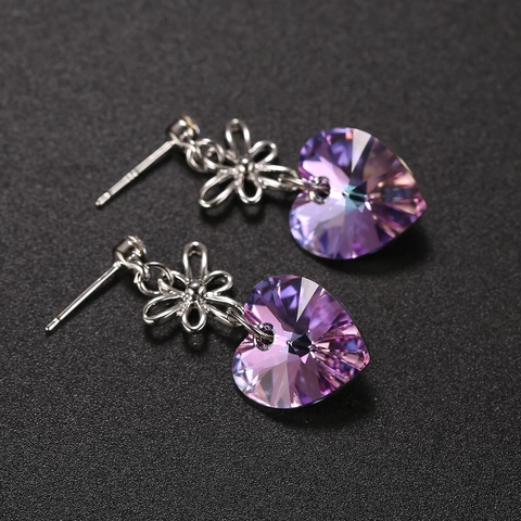 Vintage Heart Austrian Crystal Dangle Earrings With 925 Sterling Silver Earring Post Sweet Hollow Flower Drop Earrings