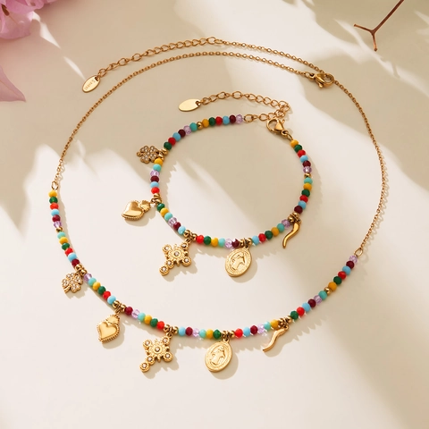 Bohemian Stainless Steel Jewelry Set Women Multicolor Crystal Stone Beaded Necklace Bracelet Religious Vintage Jewelry
