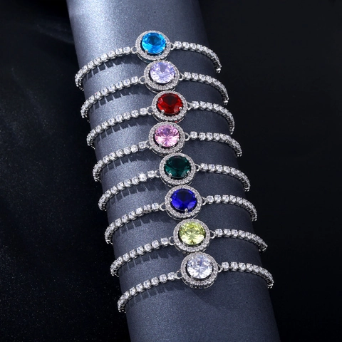 Women's Adjustable Copper Tennis Bracelet With Round Rhinestone Charm Bolo Slider Box Chain Sparkling Jewelry Gift