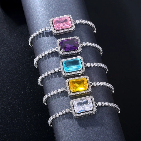 Luxury Rectangle Zircon Adjustable Bolo Bracelet For Women Copper Rhodium Plated Geometric Wedding Party Delicate Jewelry