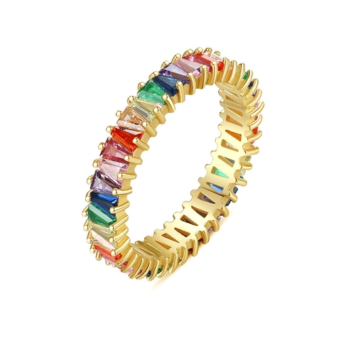 Regenboog Zirkoon Koperen Ring Kleurrijke Baguette Geslepen Zirkonia Goud Zilver Vergulde Eternity Ring Voor Vrouwen Sieraden