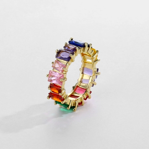 Hip Hop Rectangular Cubic Zirconia Eternity Ring For Women Copper Gold Silver Plated Rainbow Clear CZ Band Fashion Jewelry