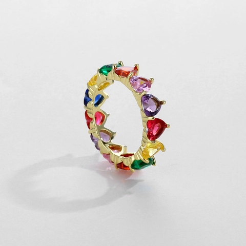 Heart Shape Pear Cut Colorful Rhinestone Eternity Ring Copper Gold Silver Plated Hip Hop Ins Style Luxury Band For Women