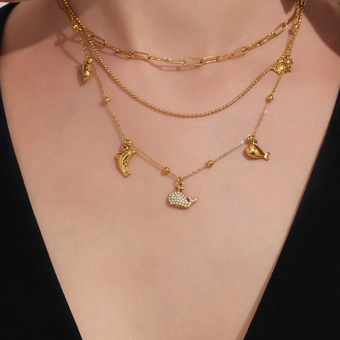 Collana Multistrato in Acciaio Inossidabile a Tema Oceanico Oro Argento Balena Delfino Tartaruga Zircone Pendente Donna