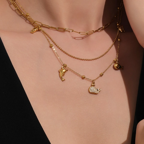 Collana Multistrato in Acciaio Inossidabile a Tema Oceanico Oro Argento Balena Delfino Tartaruga Zircone Pendente Donna