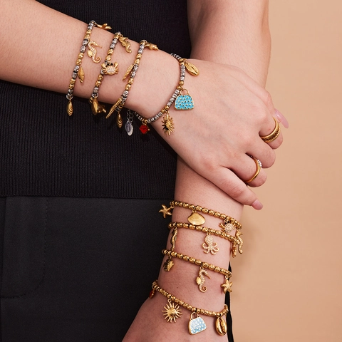 Ocean Theme Stainless Steel Charm Bracelet For Women Octopus Starfish Seahorse Zirconia Bohemian Gold Silver Jewelry
