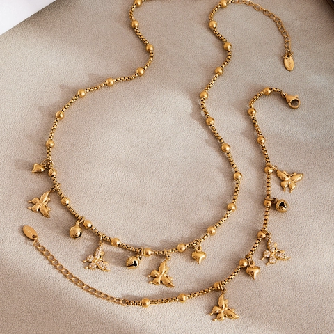 Set di Gioielli con Ciondolo a Farfalla e Cuore in Acciaio Inossidabile e Zircone Collana e Bracciale per Donna