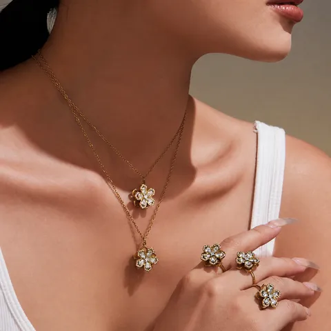 Rotating Five-Leaf Flower Stainless Steel Zircon Jewelry Set Gold Necklace Adjustable Ring Earrings For Women Fashion Jewelry