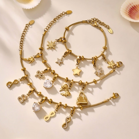 Mode Edelstahl DIY Charms Armband Für Damen Mit Zirkonia Stern Herz Bogen Tasche Unendlichkeit Symbole Trend Accessoire