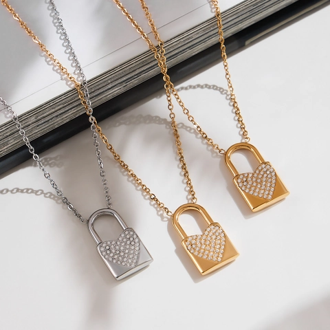 Collana con Ciondolo a Lucchetto a Cuore in Acciaio Inossidabile Con Zirconia 5A Placcato Oro Argento Gioielli da Donna