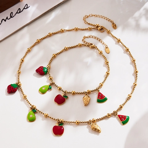 Stainless Steel Fruit Jewelry Collection Women Zirconia Strawberry Watermelon Apple Pear Drip Oil Necklace Bracelet Anklet