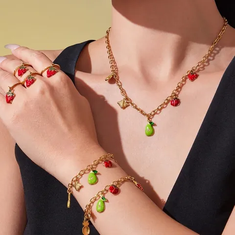 Stainless Steel Jewelry Set Zircon Enamel Fruit Strawberry Heart Balloon Pendant Necklace Bracelet Ring Earrings For Women