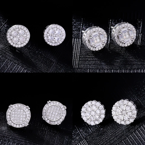 Men Hip Hop Round Stud Earrings Copper Inlaid Zirconia Silver White K Dainty Bling Sparkling Jewelry Earring Accessory Gift