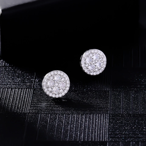 Men Hip Hop Round Stud Earrings Copper Inlaid Zirconia Silver White K Dainty Bling Sparkling Jewelry Earring Accessory Gift