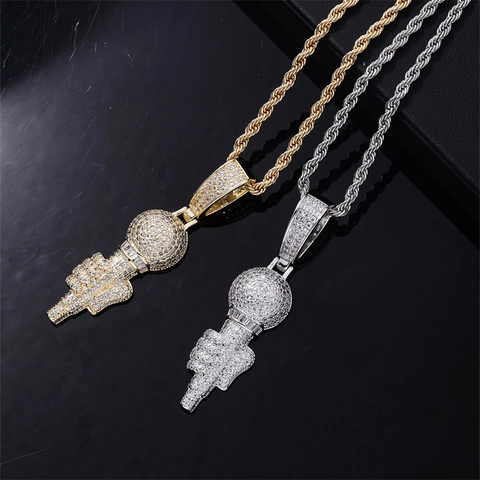 Hip Hop Iced Out Microphone Pendant Necklace Stainless Steel Rope Chain Gold Silver Rhinestone Men Streetwear Jewelry