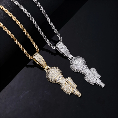 Hip Hop Iced Out Microphone Pendant Necklace Stainless Steel Rope Chain Gold Silver Rhinestone Men Streetwear Jewelry