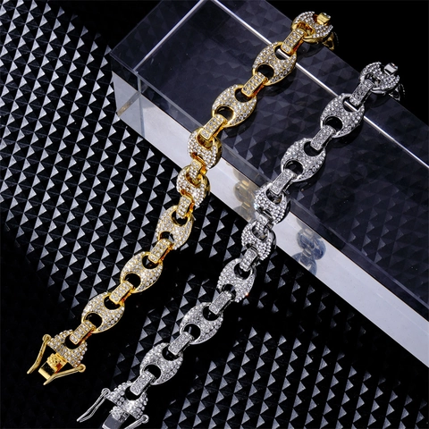 Bracciale Hip Hop Iced Out Mariner Link Uomo Donna Lega Strass Catena Cubana Naso di Maiale Oro Argento Gioielli Personalizzati