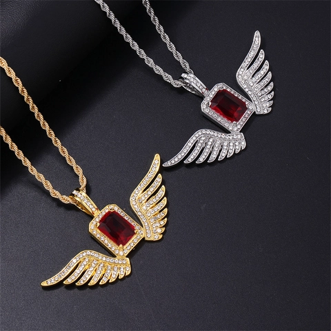 Collana con Pendente ad Ala da Uomo Hip Hop Strass Rosso Rettangolare Incastonato Lega Catena a Corda Gioielli per Festa