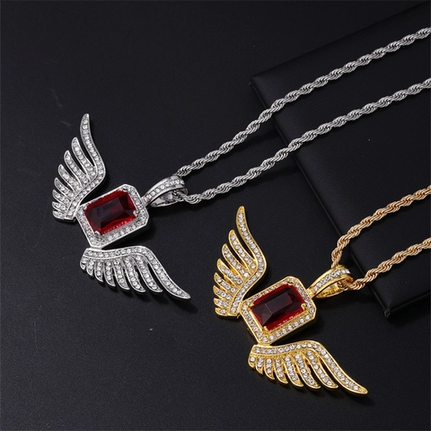 Collana con Pendente ad Ala da Uomo Hip Hop Strass Rosso Rettangolare Incastonato Lega Catena a Corda Gioielli per Festa