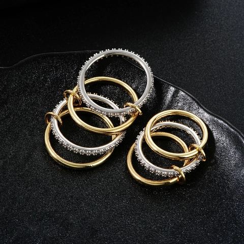 Vintage Hip Hop Two-Tone Stacking Copper Ring For Women Men Geometric Decorative Rhinestone Inlaid Double Color Jewelry Gift