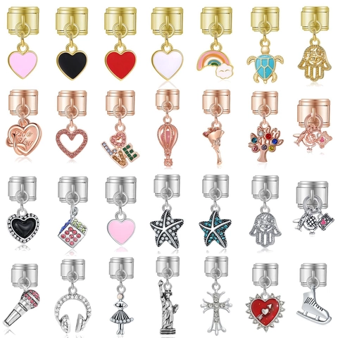 Breloques Modulaires de Style Italien en Acier Inoxydable Pendentifs Cœur Arc-en-Ciel Tortue Rose Main de Fatma pour Fabrication de Bijoux DIY