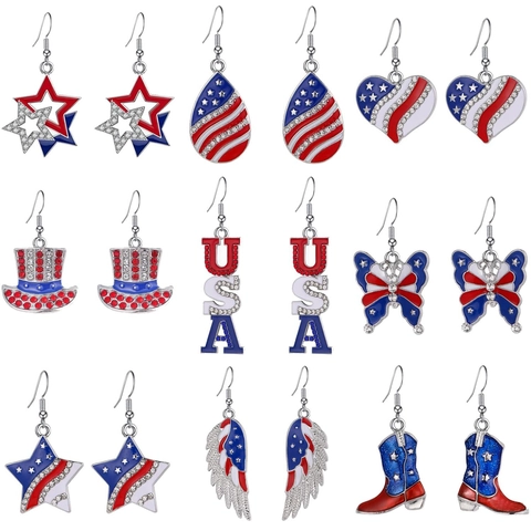 USA Independence Day Flag Star Heart Wing Rhinestone Enamel Hook Earrings For Women Patriotic Celebration Jewelry Gift