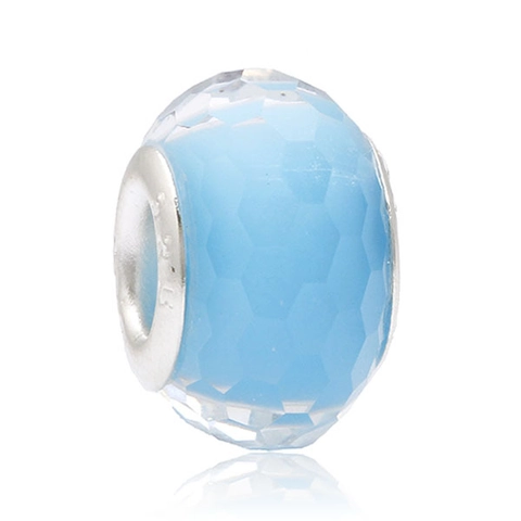 Faceted Glass Charm Bead With 925 Sterling Silver Core Handmade Light Blue Round Bead For DIY Jewelry Making Bracelet Women