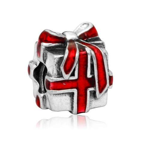 Weihnachtsgeschenkbox Charm Für Armband DIY Schmuck Rotes Band Schleife Legierung Perle Emaille Anhänger Für Halskette Damen Geschenk