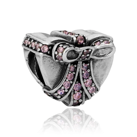 Vintage Silber Legierung Herz Geschenkbox Charm Mit Rosa Strass Schleife DIY Armband Perlen Für Damen Schmuckherstellung