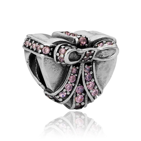 Vintage Silber Legierung Herz Geschenkbox Charm Mit Rosa Strass Schleife DIY Armband Perlen Für Damen Schmuckherstellung
